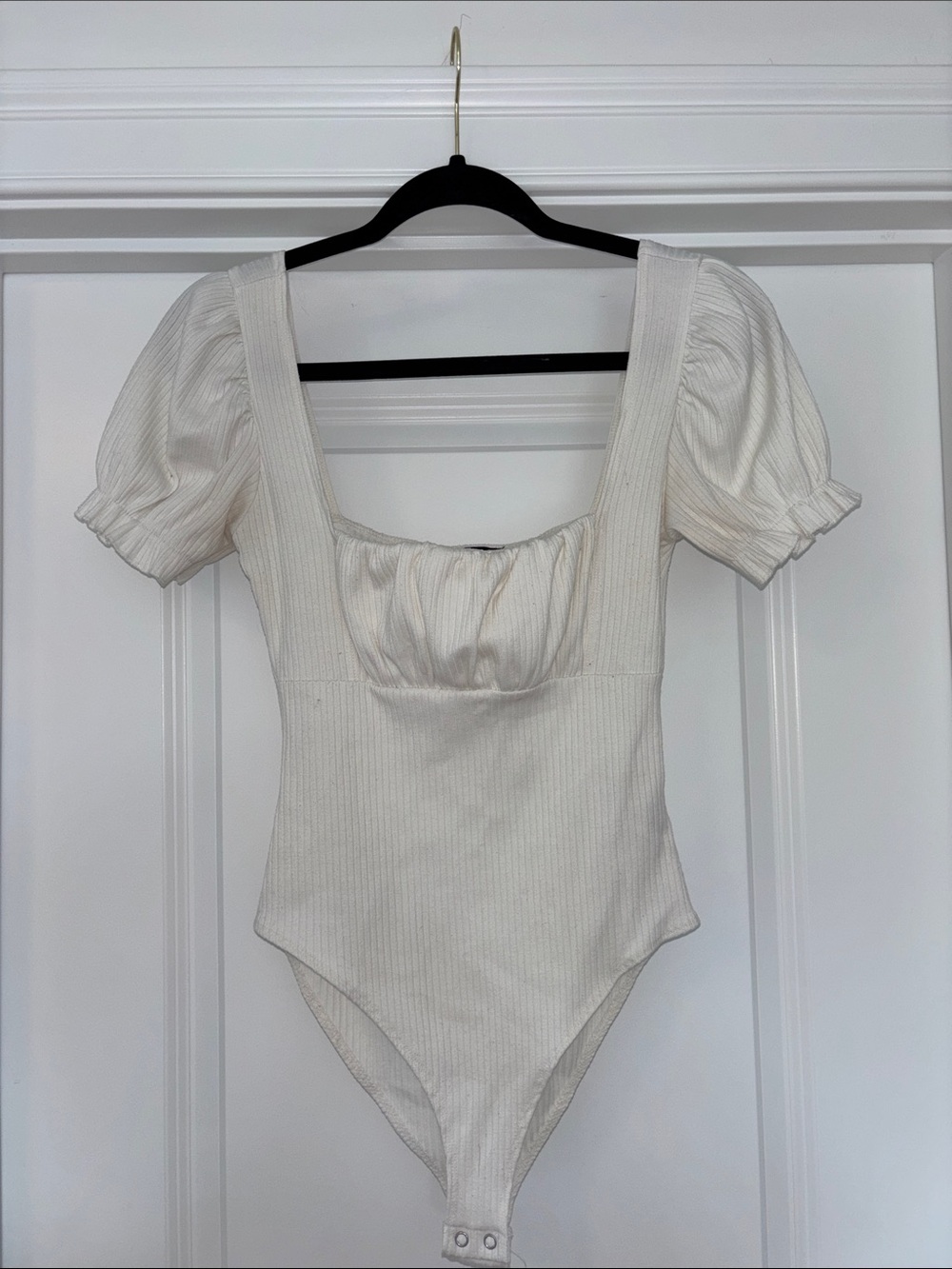 Forever 21 Off-White Ribbed Square Neck Bodysuit with Puff Sleeves